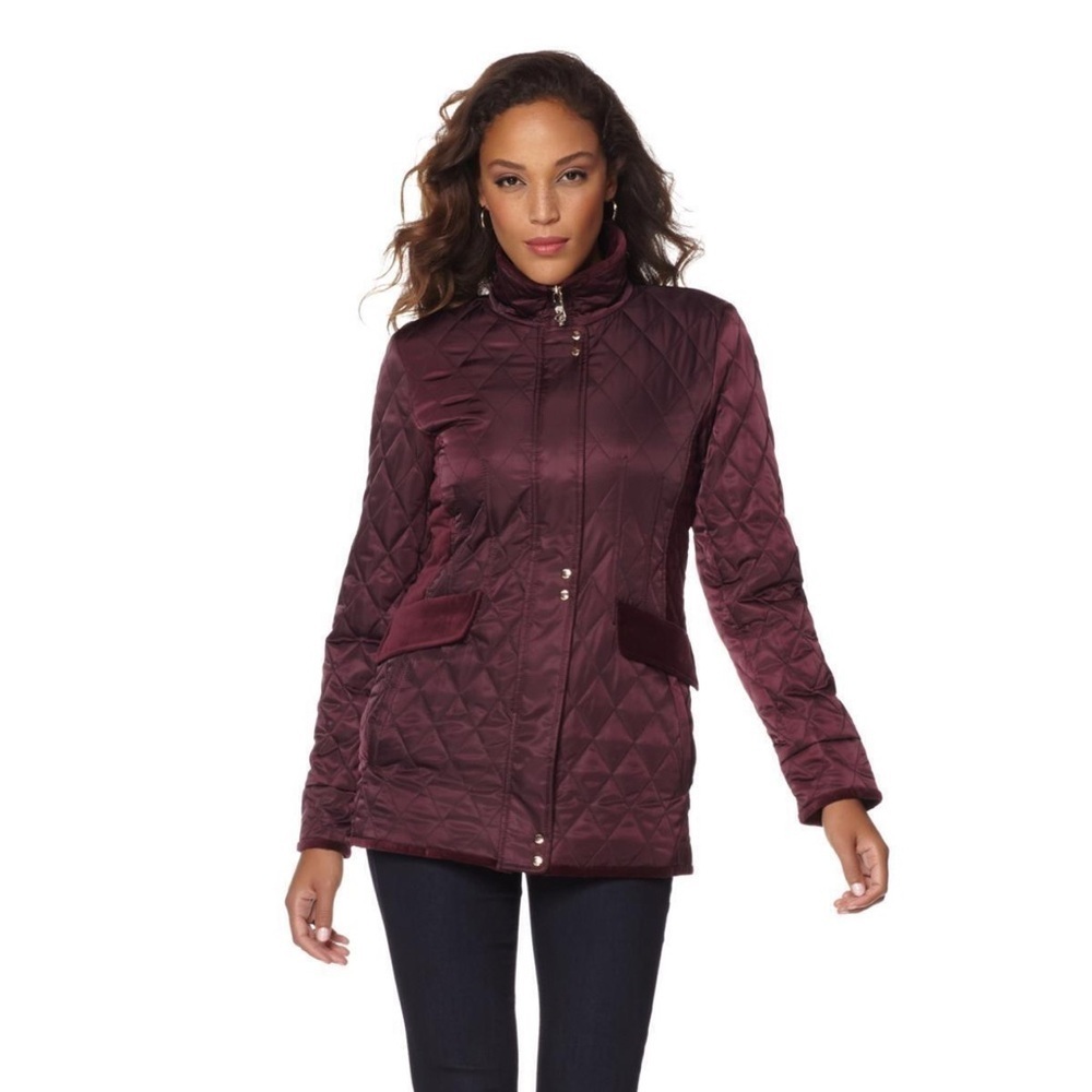 Vince Camuto Purple Satin and Velvet Quilted Jacket with High Collar Size Medium